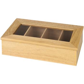 Té låda i trä, transparent fönster(utan text), 4 fack