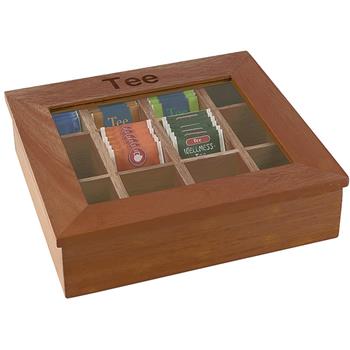 Thé låda i trä, lock med transparent fönster, Tee, 12 fack, 31x28x9cm